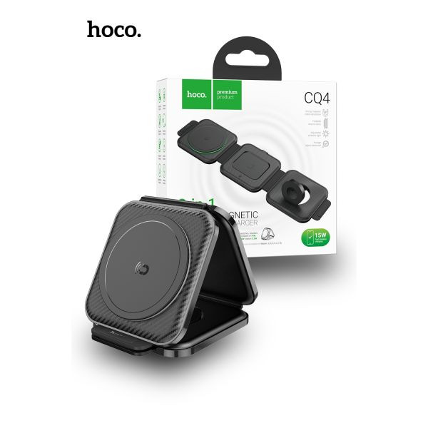 Hoco CQ4 20W Unique 3 in 1 Folding Magnetic Wireless Fast Charger - Black