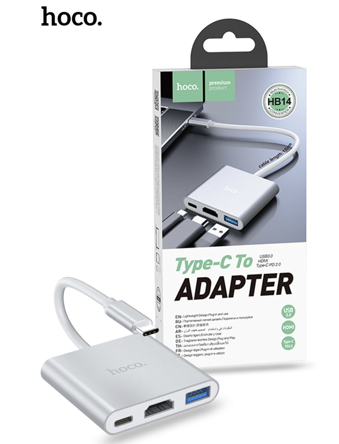 hoco. HB14 USB-C To USB3.0 HDMI PD - Silver
