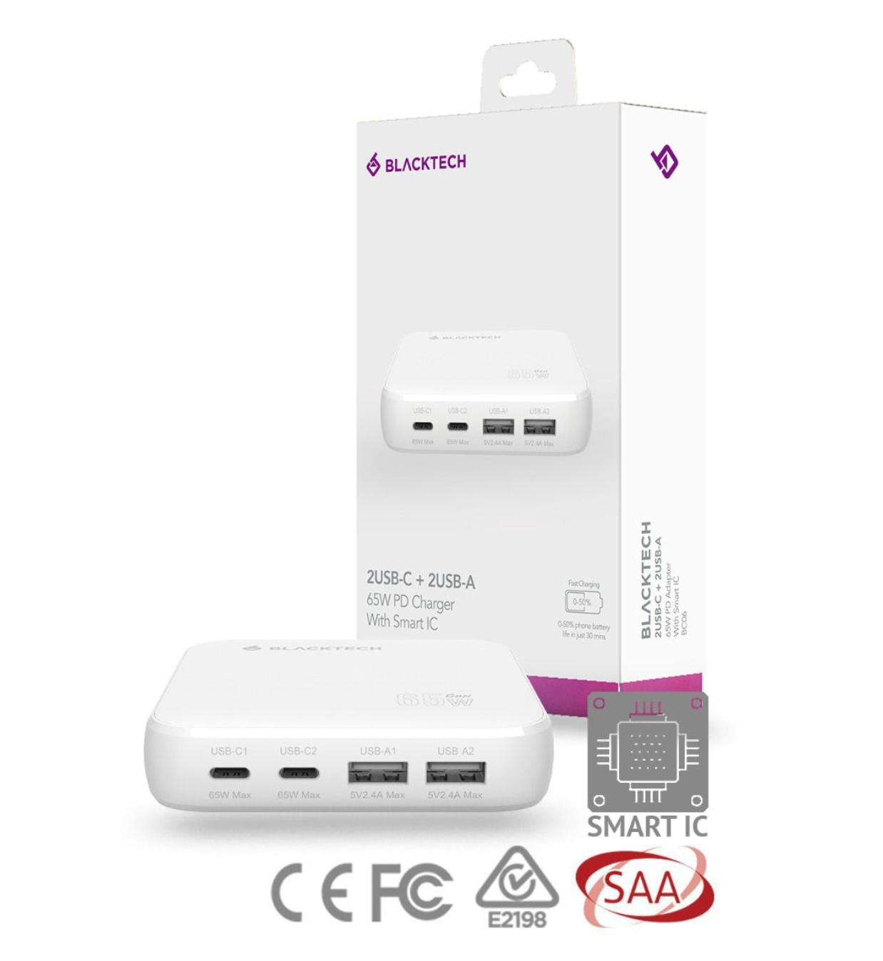 BLACKTECH BC06 Dual USB-C Dual USB-A 65W PD Adapter With Smart IC