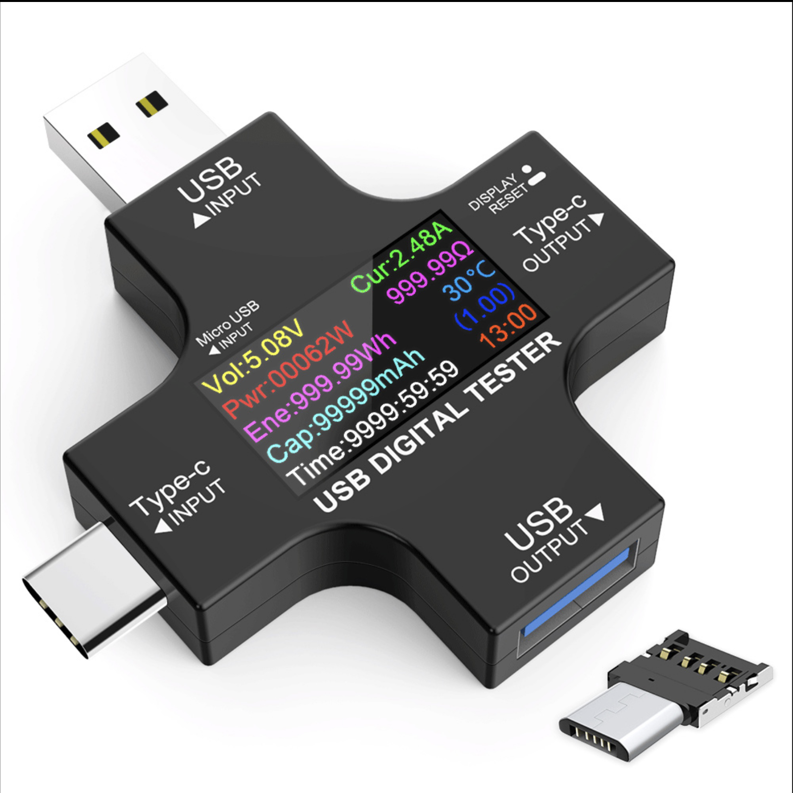 USB port function tester, Micro USB & USB-C, 3.6-32V, LCD